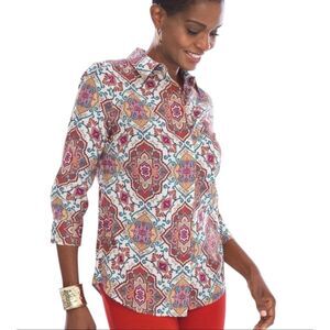 Chico’s No-Iron Cream/Red Abstract Medallion 3/4 Sleeve Blouse